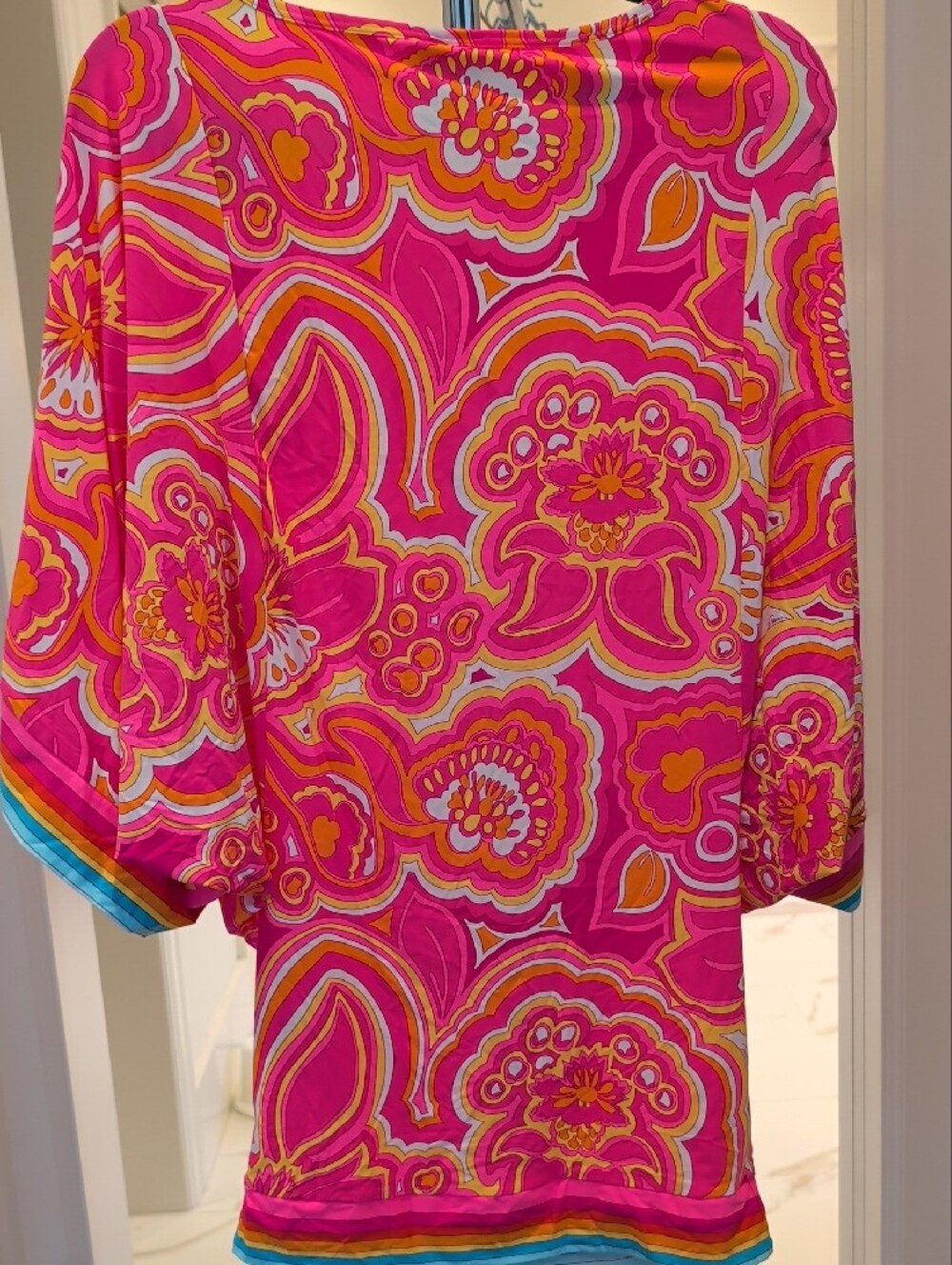 Trina Turk Pink and Orange Floral Swim Cover-Up with Turquoise Trim - Picture 3 of 3